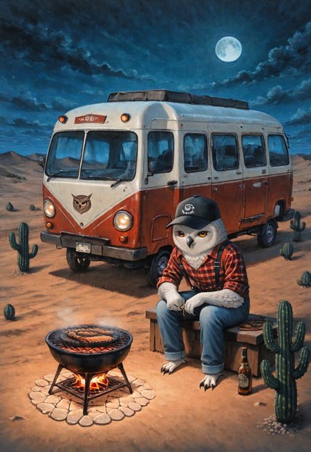 (solo), lukch, painting_\(medium\), no humans, portrait, owl,
sitting, grilling, baseball cap, suspenders, rolled up sleeves, plaid shirt, jeans, beer bottle, light smile, skewer,
night, desert, grill, camper trailer, caravan, moon, cactus,
traditional media, best quality, absurdres