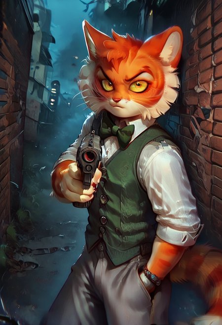 score_9, score_8_up, score_7_up, nsfw, Calvin [Lackadaisy], Calvin Mcmurray [Lackadaisy], Freckle [Lackadaisy], orange cat, orange fur, striped pattern, striped, white accents. (male anthro cat:1.3), furry, furry anthro, solo,
clothing, clothed, green bowtie, bowtie, green vest, vest, white shirt, shirt, grey pants, pants, grey trousers, trousers,
half-closed eyes, intense, serious, hands, dutch angle, posing, from front, seductive pose, seductive smile, looking at viewer, standing, aiming pistol,
BREAK
outside, urban alley, alleyway, brick wall, darkness, shadows, cinematic,