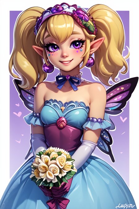 score_9, score_8_up, score_8, medium breasts, (curvy), cute, eyelashes,       BREAK, , <lora:Agitha_Zelda_PDXL:0.8>,  zzAgitha, purple eyes, blonde hair, twintails, pointy ears, butterfly wings, , BREAK, smile, looking at viewer,  bride, wedding dress, bridal veil, strapless dress, elbow gloves,  holding bouquet,  hearts, white outline, cowboy shot, embedding:zPDXL, Expressiveh,  <lora:Vivid:0.7>,  <lora:LFashionPDXL:1>,  <lora:Uncensored_PonyXL_cpt_v02.09:0.4>,  <lora:Expressive_H-000001:0.4>,