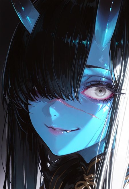 masterpiece, best quality, good quality, newest, highres, absurdres, volumetric lighting,gradient color,
BREAK 
raytracing, volumetric lighting, ambient occlusion, girl, luminescent background, masterpiece, best quality, very awa, absurdres, 
BREAK
Aka-Oni, oni, colored skin, (blue skin:1.3), straight horns, solo, long hair, model style,
evil eyes, evil, bullying, sinister, smirk,
BREAK
masterpiece,amazing quality,best quality,ultra-detailed,8K,illustration,CG,shiny hair,clear skin,ultra-detailed-eyes,simple background,cute girl, eyelashes
BREAK,
 perfect composition, solo, 1girl, gray eyes, long hair, black hair, hair over one eye, scar on nose, extreme eye close up, eye focus, eye reflection, wide eyed, eyelashes, blank stare, looking at viewer, glowing iris