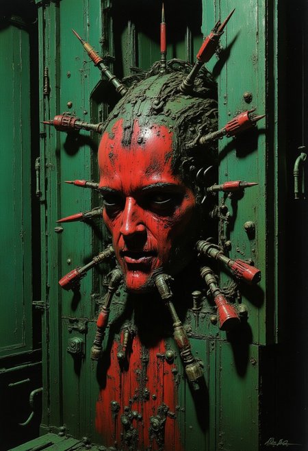 abstract photorealistic ink image in red, black and blue, 
A hellish, cenobite-inspired demon with multiple mechanical limbs extending from its back, each ending in a sharp, surgical tool. Its pale, scarred skin is stretched unnaturally tight across its body, and its expression is one of detached malice. Rusted chains hang from the walls around it, and the room is bathed in a sickly green light, adding to the atmosphere of twisted pain and experimentation.
In the style of grainy 80s VHS dark fantasy horror, vintage Halloween, autumn harvest tones, occult mysticism, gritty animatronics, with Sean Äaberg's psychedelic grotesque flair, evoking eerie, grainy VHS footage