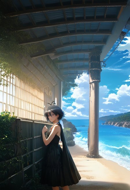 score_9, score_8_up, score_7_up, score_6_up, source_anime, <lora:Worldly_XL:1.25> <lora:AIU 0.3v:1.1> detailerlora, sunlight, ocean, waves, open sky, clouds, wind, nature, seabirds, coastal vegetation, small coastal flowers, 1girl, solo, Kikuchi Makoto is walking on the beach in windy weather, cowboy shot, 3/4 shot, <lora:KikuchiMakoto_pony_v1:0.9> kkcmkt, short hair, black hair, antenna hair, hair between eyes, black eyes, flat chest, small breasts, summer clothes, beachwear, swimwear, Score_PnyReal, <lora:StS_PonyXL_Detail_Slider_v1.2:5>