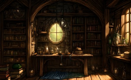 medieval, interior, medieval interior, wooden interior, table, chair, big black cauldron, shelves, books, scrolls, window covered with thin see-through animal hides, (jars filled with mysterious ingredients for brewing potions with:0.4), herbs, a small pestle and mortar, 
HD, very detailed, ambient lighting,
<lora:more_details:1> <lora:Bloodborne:0.25> ,   <lora:FantasyInteriors:0.4> fanint <lora:FantasyStudy:0.4> fanstu