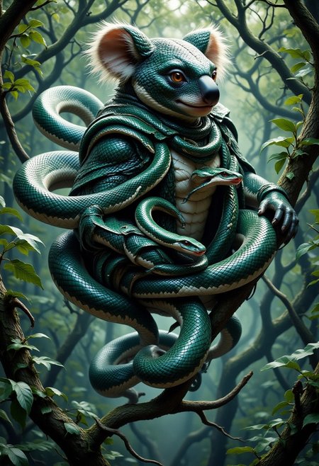sn4k3, aidmamj6.1, mythp0rt, anime, cyberpunk, Create a surreal and highly detailed creature that is a hybrid of a koala and a snake. The creature has the soft, fluffy body of a koala, but its limbs are sleek and serpentine, with scales blending seamlessly into fur. Its face is a mix of both animals—large, round koala-like eyes with vertical snake pupils, and a small, rounded nose that transitions into a forked snake tongue. The tail is long and coiled, covered in a mix of fur and scales. The background is a lush eucalyptus forest, where the creature is draped over a tree branch, blending its koala and snake traits naturally into the environment. The lighting is soft and dappled, with a dreamlike, almost magical atmosphere.