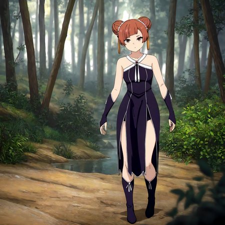 <lora:FBJE_LaufenXLIllustrious008>,
masterpiece,best quality,good quality,newest,
detailed background,nature,
looking at viewer,
solo,
Laufen,1girl,brown hair,short hair,double bun,brown eyes,yellow hairornament,
black dress,bare shoulders,
gloves,
pelvic curtain,
boots,
full body,standing,