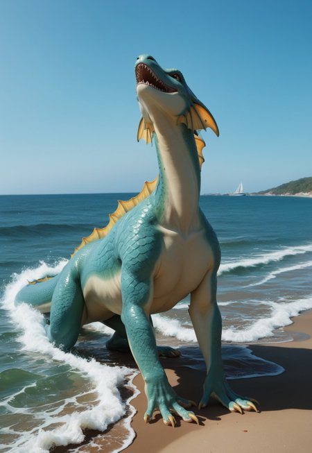 score_9, score_8_up,score_7_up, score_6_up, score_5_up
solo, source_furry, 
feral, female dragon, sea dragon, aquatic dragon, western dragon, webbed claws, frill gills. tail fin, dorsal frill, marine scales, aqua color scales, green frill, two-tone skin, green underbelly,
daytime, beach, waves, ocean, coastline, 