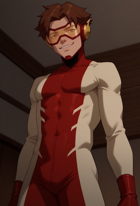 score_9, score_8_up, score_7_up, highly detailed, cute boy, 1boy, solo, Impulseyj, red framed goggles yellow lenz, red and white bodysuit, brown hair, smug smile, from below, looking down at viewer,