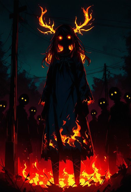 nlstn, glowing eyes, 1girl, glowing, horns, silhouette, fire, dark, outdoors, antlers, power lines, long hair, standing, looking at viewer, utility pole,3Y3S_illu