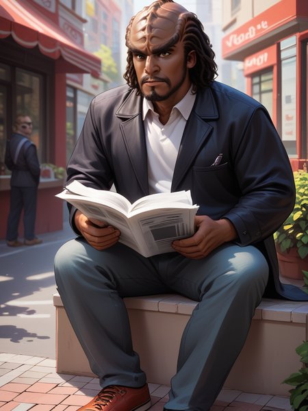 score_9,score_8_up,score_7_up,score_6_up,score_5_up,score_4_up , 1man, kling0n alien, large forehead ridges, brown skin, large eyebrows, sitting at a sidewalk cafe reading a newspaper <lora:Klingon_v2_pony:1>