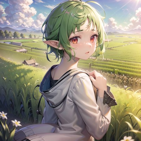 masterpiece,extremely detailed CG unity 8k wallpaper, best quality, ultra-detailed,(best shadow), landscape,flower, floating hair,meadow, sunlight,cloudy sky,standing,((from behind)), vanishing point ,field,(rural:1), rice paddy, panorama,overlook,(high contrast:0.8),(((distant view))),blurry foreground, <lora:sylphiette_v10:0.85>, 1girl, looking back,(detail fingers:1.2),