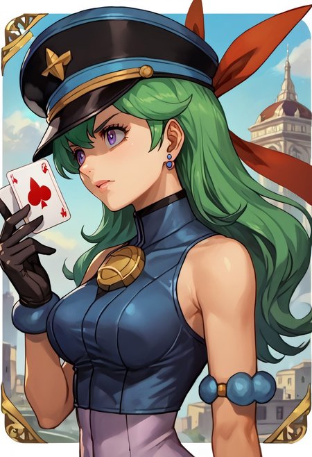 score_9, score_8_up, score_7_up, source_anime,
, (best quality) , (highly detailed) ,masterpiece ,absurdres ,detailed face ,beautiful face ,
<lora:pony_xl_Hildegard:0.8>,Hildegard,score_9,score_8_up,1girl,female,kawaii,solo,short hair,earrings blond hair, wavy hair
 black tank top, zipper, black skirt, midriff, black shorts, black gloves, arm ribbon, black sneakers, serious, from side, fog, city, grey sky, looking at you, sittingfrancesca \(pokemon\), 1girl, solo, long hair, large breasts, jewelry, purple eyes, pantyhose, earrings, green hair, leotard, card, blue leotard, playing card, hat, tailcoat, pokemon \(creature\)
best quality, masterpiece, very aesthetic, ,,(portrait, upper body),
OverallDetail