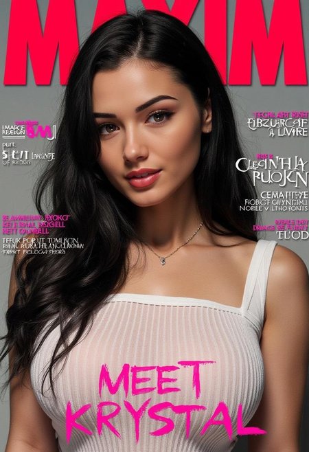8K HD, ultra-realistic, photorealistic fashion magazine cover. Styled as a MAXIM magazine issue with bold red "MAXIM" text at the top. The bottom of the cover features Neon pink text that reads "MEET Krystal". The cover showcases a beautiful young woman with dark black hair, wearing a sleeveless wide ribbed cotton dress. High detail and maximum realism in lighting, texture, and composition.