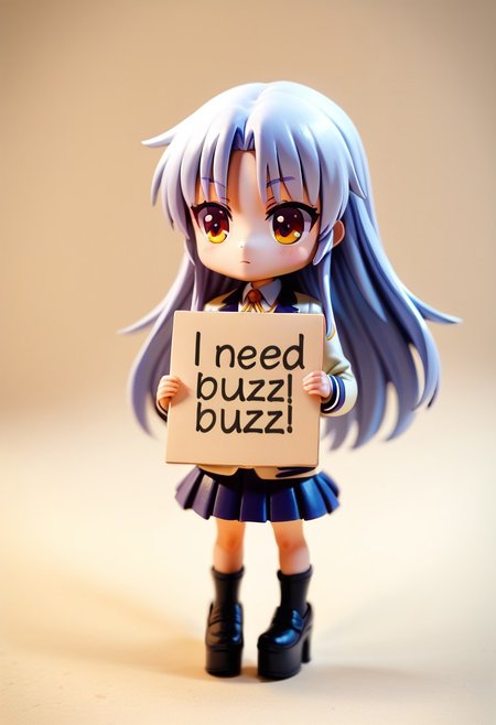 score_9, score_8_up, score_7_up, score_6_up, score_5_up, score_4_up,1girl,nendoroid, figure, platform,chibi,need_buzz, holding sign,trigger : kanade tachibana,1girl,solo,long hair,school,front bangs ,uniform,jacket,blazer