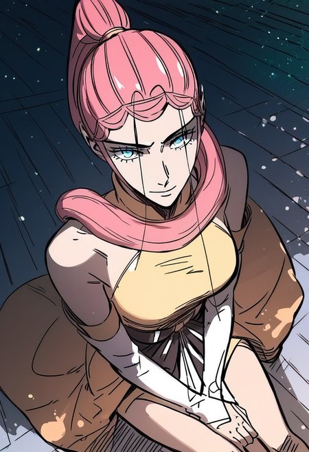 score_9, score_8_up, score_7_up, score_6_up, Expressiveh,
longyuyin, 1girl, ponytail, pink hair, long hair, blue eyes, large breasts, elbow gloves, long legs, detailed face, full color, vibrant color, dynamic pose, dynamic angle, sitting, from above, smile, head tilt, golden light,day, light particles, sky