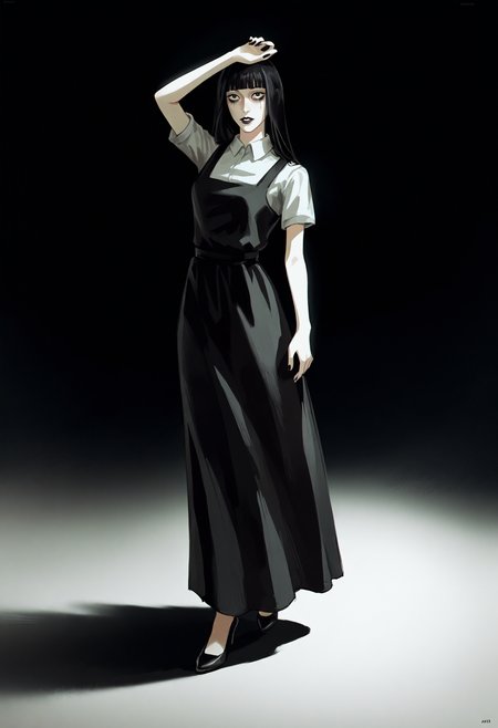 score_9, score_8_up, score_7_up, score_6_up, score_5_up, score_4_up,
BREAK
1girl, samarie funger, blunt bangs, black hair, black eyes, bags under eyes,
BREAK
standing, black dress, long dress, white shirt, short sleeves, black lips,
BREAK
black background, simple background, dynamic pose, dark, <lora:Lunas-Uqi32-SDXL-A1:1> <lora:Lunas-Samarie-Funger-SDXL-A1:1>
