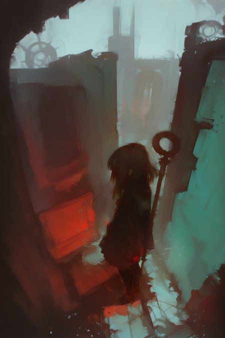 masterpiece, best quality, very aesthetic, dynamic composition, , shot from side,High-Angle Perspective,smiling,Standing, 1girl, megumin, brown_hair, holding_staff, ruins, solo, building, outdoors, standing, post-apocalypse, facing away, pantyhose, city, sketch, traditional media, abstract, abstract background, painting \(medium\), no lineart