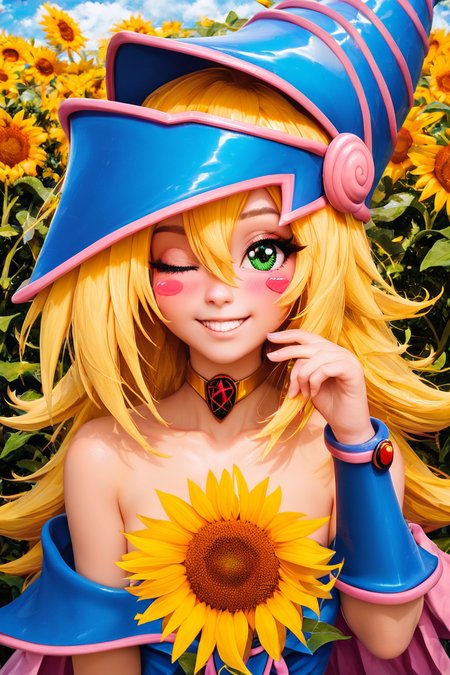 score_9, score_8_up, score_8, medium breasts, (curvy), cute, eyelashes,       BREAK, , BREAK, dark magician girl, blonde hair, choker, green eyes, long hair, blush, blush stickers, bare shoulders, blue footwear, blush, blush stickers, cleavage, collarbone, duel monster, hat, off shoulder, pentacle, wizard hat, cleavage, <lora:dark-magician-girl-ponyxl-lora-nochekaiser:0.8>,, zzSunflower, upper body, outdoors, hand up, portrait, one eye covered, yellow flower, holding flower, <lora:Sunflower_PDXL_v2:0.8>, , BREAK,  smile, looking at viewer, cowboy shot,  embedding:zPDXL, Expressiveh, <lora:SDXLFaeTastic2400:0.5>,  <lora:Expressive_H-000001:0.4>,