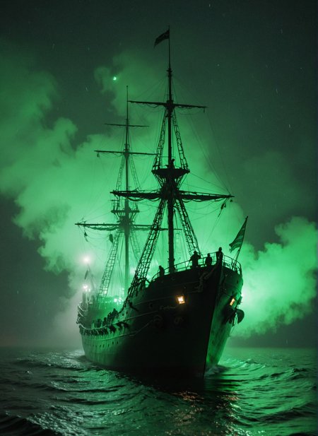 mysterious, a ghostly ship sailing through a foggy night, spectral crew members visible on deck, eerie green glow emanating from the ship, haunting and atmospheric 
<lora:xray:1>
 <lora:WildcardX-XL-Detail-Enhancer:1>