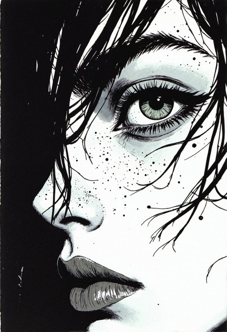 Comic book illustration, 
A masterfully detailed, ink-heavy manga close-up of a young woman lost in thought, her gaze filled with a deep, unspoken sorrow as strands of her dark, tangled hair obscure parts of her pale face, each strand illustrated with chaotic, expressive line work. The depth of her large, reflective eye is emphasized with intricate pen strokes and delicate hatching, while subtle freckles and faint imperfections add realism to her melancholic expression. The monochrome palette, rich in cross-hatching, stippling, and rough ink textures, enhances the noir atmosphere, making her appear as though she is emerging from the shadows of a tragic narrative, reminiscent of classic psychological manga art. The high-contrast interplay of light and darkness gives the portrait a haunting depth, creating a sense of emotional intensity and silent storytelling within the static image.
 <lora:Comic_Style_-_FLUX:1.0>