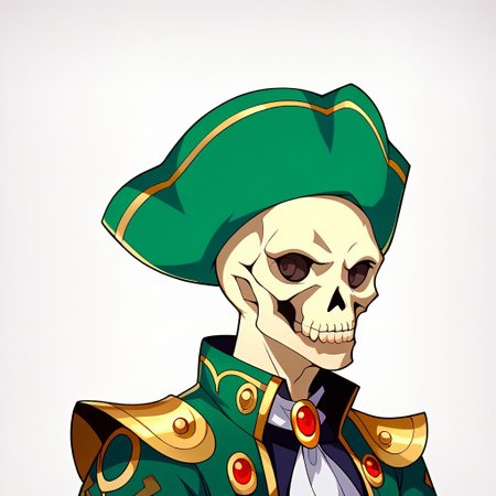 Score_9, score_8_up, score_7_up, source_anime, cowboy shot,masterpiece, best quality, upper body, portrait,beautiful, (white background),  BREAK, matadorsmt, hat, skull, green jacket, white ascot, BREAK,