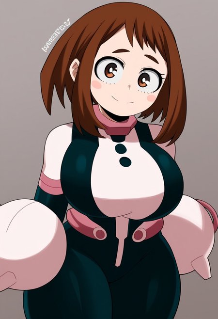 1girl, Solo, ochako_uraraka, brown hair, brown eyes, white pupil, blush stickers, hero bodysuit, black pink and white bodysuit, cute face, score_9, score_8_up, score_7_up, score_6_up, BREAK,
1woman, masterpiece, room background,  female, thick thighs, thin waist, big breasts, curvy, looking directly at viewer, lustful, smile