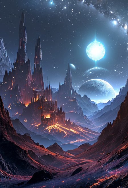 A captivating night scene illustration featuring a bright and inviting futuristic space base on a great  great mountain. The great technologically advanced base and mountain are much like Neuschwanstein Castle in Bavaria. Spaceships fly overhead. This enchanting artwork captures a dark but comforting night, where 2 brilliant moons hang above and over the  great valley  and advanced space fortress which  stands resolute amidst the great mountains, creating a cinematic experience., space_backround, illustration, cinematic
<lora:DonM3t3rn1tyXL-v1.1:0.7>, DonM3t3rn1tyXL,
OverallDetailXL  <lora:MJ52:0.3>  <lora:SDXLFaeTastic2400:0.4>  <lora:EpicF4nta5yXL:0.7>