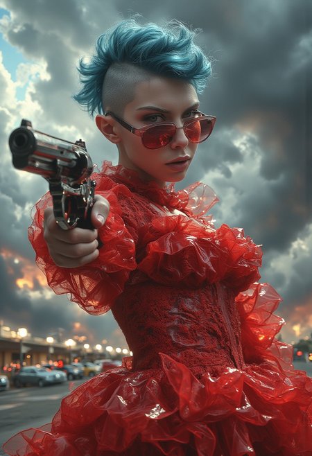 long shot scenic professional photograph of Professional photo, angry girl, wearing small edgy  sunglasses, mischievious smile, maniac, metallic azure to Black gradient colored  mowhak hairstyle with shaved sidecut. Wearing a red delicate light dress. 
A Hot-rod-car standing in blurred background. bottom view. Pointing at the camera with his index finger. (With a huge revolver in one hand.:1.2), perfect viewpoint, highly detailed, wide-angle lens, hyper realistic, with dramatic sky, polarizing filter, natural lighting, vivid colors, everything in sharp focus, HDR, UHD, 64K