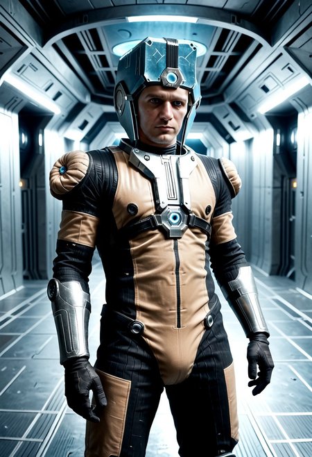 Corpus crewman in a spaceship corridor, science fiction,  dramatic shot, male focus, 1boy, male corpus crewman wearing corpus crewman helmet,  robot, rectangular helmet, blue light bar on helmet, brown and black corpus crewman suit, (helmet with hard edges, helmet with a flat front face, helmet with hard corners, helmet with blue light strip), black shoulder pad, tubes from metal chest plate, black gloves with silver palms, blue circle near hips,  metal bands below fore arm, fit, athletic build, square patch on thigh, holding electric baton,
realistic texture, realism, best quality, 
(((Corpus, corpus crewman, Tan and black corpus suit, corpus tileset,    Corpus helmet, wearing helmet, wearing corpus helmet,))) moa in the background, two legged robot in the background,