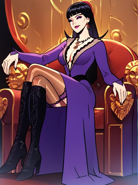 score_7_up, score_8_up, score_9, masterpiece, (1girl, solo,)perfect face, perfect hands, high quality, source_anime, <lora:Tatyana_Orpheus_-_Venture_Bros:1>tatyana, black hair, long hair, large breasts, jewelry, purple eyes, necklace, dress, thighhighs, boots, high heels, smile, lipstick, makeup,