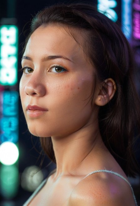 score_9, score_8, score_7_up,BREAK,portrait, 3/4 view, realistic, analog photo, beautiful and aesthetic,BREAK, 1 female, solo, latina, asian, latina-asian mix, blasian,{round|oval|square|heart-shaped|diamond|oblong|inverted triangle} face shape, pinup pose, neon lighting, cyberpunk city background, stunning lighting, dramatic lighting