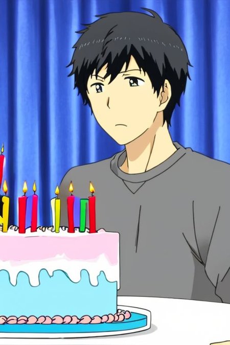 high resolution, solo, best quality, 1Boy, Arata Kaizaki, Black Hair, surprisde, birthday surprise, birthday cake, birthday party, OverallDetail