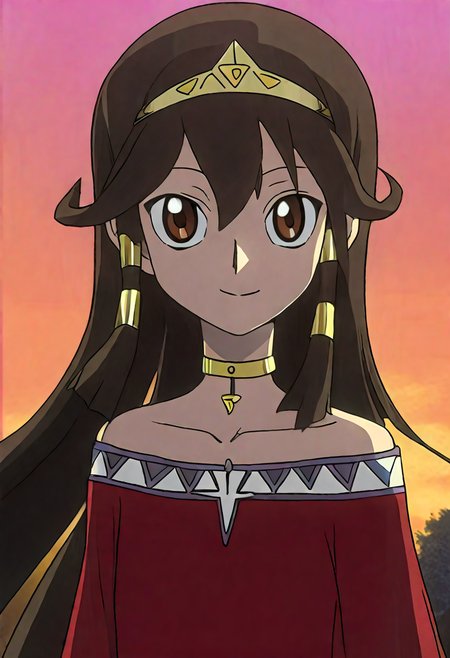 <lora:quartet-illustrious2:1> masterpiece ,1girl, happy, looking at viewer, smile, sunset, flowing hair, outdoors, <lora:Sera IL:1> sera,solo,1girl,long hair,hair tubes,brown eyes,hairband,brown hair,jewelry,bare shoulders,tiara,collarbone,choker,bracelet,dress,red dress,black hair,neck ring,upper body