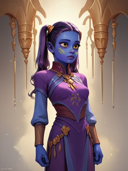 score_7_up, score_8_up, score_9, masterpiece, (1girl, solo,)perfect face, perfect hands, high quality, source_anime, cowboy shot, <lora:Riyo_Chuchi_-_Star_Wars:1>riyochuchi, colored skin, blue skin, purple hair, twintails, yellow eyes, medium breasts, long hair, purple skin