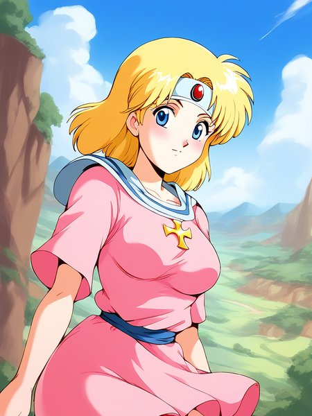 score_9, score_8_up, score_7_up, source_anime, rating_explicit, BREAK <lora:Sister_Ultima_Exodus_TG_XL:0.8>Sister_Ultima_Exodus, blonde hair,  blue eyes, medium hair, headband, circlet, breasts,
pink dress, pink skirt, blue line,
sky, day, fantasy,