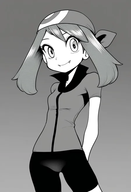 best quality, amazing quality, very aesthetic, absurdres,
greyscale, monochrome,
1girl, may \(pokemon\), bandana, fangs, bike shorts,
arms behind back, smile, standing, looking at viewer, solo,    <lora:PokemonAdventuresNoobLocon_byKonan:1>