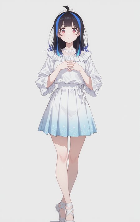 masterpiece,best quality,newest,absurdres,highres,
front view,full_shot,Wide-eyed wonder,looking_at_viewer,
<lora:YaemoriMiniCYQL:1>,YaemoriMiniCYQL,1girl,solo,black hair,blue hair,long hair,blunt bangs,antenna hair,streaked hair,multicolored hair,red eyes,flare sleeve blouse, pleated skirt, ballet flats, long necklace,
full body,standing,hands_on_own_chest,,
darkslategray background,simple background,
<lora:ponyv4_noob1_2_adamW:0.7>,<lora:spo_sdxl_10ep_4k-data_lora_webui:0.6>,<lora:USNR STYLE_XL_lokr:0.45>,<lora:illustrious_all_rated_v1:0.7>,<lora:96YOTTEA-WAI:0.8>,