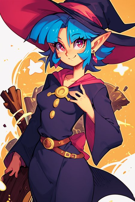 score_9, score_8_up, score_8, medium breasts, (curvy), cute, eyelashes,       BREAK, , zzIrene, pointy ears, short hair, blue hair, witch hat, witch,  earrings, long robe,  <lora:IreneZelda_PDXL:0.8>,  , BREAK, wide hips, smile, looking at viewer, cowboy shot, ,,, embedding:zPDXL, Expressiveh, ,,, <lora:SweetCAT_PDXL:1.0>, <lora:SDXLFaeTastic2400:0.5>, <lora:Expressive_H-000001:0.4>,