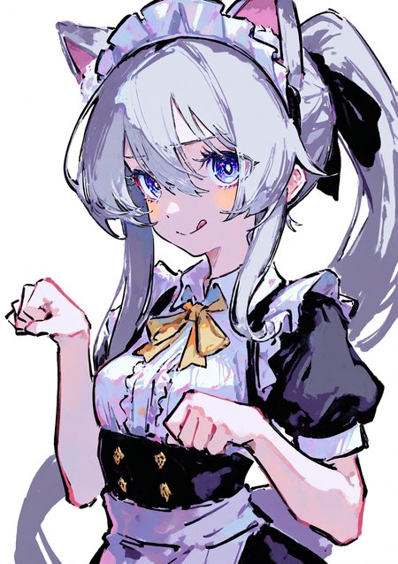 masterpiece, best quality, very aesthetic BREAK kiato, (ciloranko:.7), dino \(dinoartforame\), horror \(theme\), gritty, colorful, faux traditional media, painting \(medium\) BREAK elaina \(majo no tabitabi\), maid, cat ears, 1girl, solo, blue violet eyes, gray hair, very long hair, :q, paw pose, small breasts, bangs, hair between eyes, white background, maid headdress, high ponytail, sidelocks
<lora:noob05-kiato-unet only-feb18-step00002464:1>