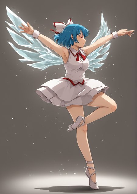 1girl, cirno, huge breast, ballet, blue hair, bow, chromatic aberration, closed eyes, dancing, dark, dress, hair bow, ice, ice wings, jumping, light particles, neck ribbon, outstretched arms, pale skin, pose, profile, ribbon, shadow, short hair, solo, standing, standing on one leg, wings, <lora:nice_tackãã¤ã¹å®:1>