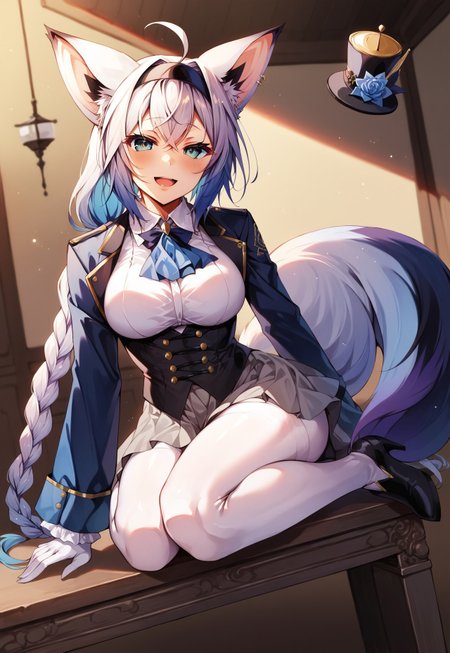 safe_pos, safe_pos, safe_pos, safe_pos, safe_pos, safe_pos, score_9, score_8_up, score_7_up, score_6_up, masterpiece, source_anime, high quality, perfect face, detailed eyes, perfecteyes, perfect balance, detailed face, perfect lighting, detailed background, uncensored, newest, absurdres, highres, very aesthetic, indoor, dining room, grand table, windows, night, 
uncensored, 
fubuki, white hair, single side braid, ahoge, piercing, fox tail,
fubuki_elegant, braided ponytail, blue coat, blue ascot, corset, collared shirt, grey skirt, frilled skirt, white pantyhose, white gloves, mini top hat, hairband, blue rose, white hair, piercing, fox tail,
 1girl, solo, open mouth, smile, large breasts, pleasured, full body, long legs, larger female, tall female, looking at viewer, long calves, long legs, thin thighs, tall_girl,long_legs, boots, long boots, lace-up boots, leather boots, heeled boots, sitting on table, half closed eyes, naughty face, multicolored hair, low angle