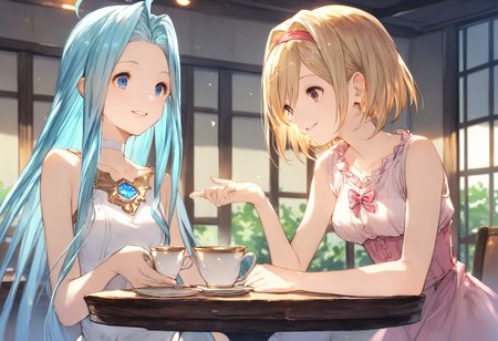 score_9, score_8_up, score_7_up,score_6_up, source_anime, best quality, aesthetic, absurdres, anime,
dining room, dining table, looking at another,
2girls, yuri, (happy smile:1.3), (teacup:1.1), parted lips, (clear eyes:1.2),
lyria \(granblue fantasy\), very long hair, blue hair, (body_slim:1.1), small breasts, (choker:0.7), white cami-dress, bare shoulders, (strapless:0.5), blue gem,
BREAK
djeeta \(granblue fantasy\), blonde hair, short hair, (hairband:0.5), pink blouse, short short sleeves, smile, medium breasts, 
<lora:JitaRuri-Pony:0.8> jitaruri,  <lora:IshikePony:0.3>