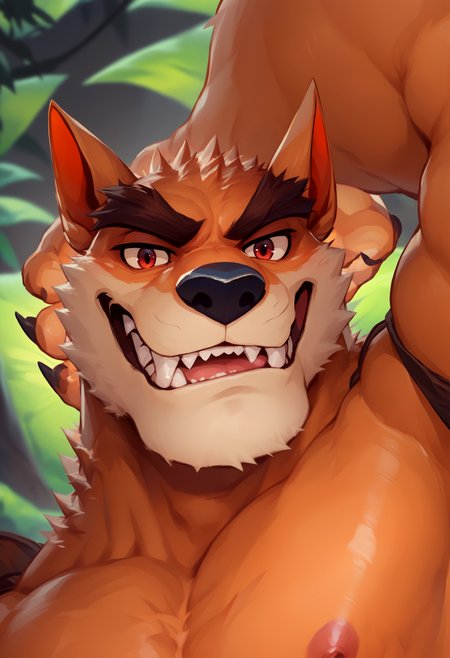 score_9, score_8_up, score_7_up, 1boy, <lora:TinyTigerLuminaverse-000001>, tiny_tiger_(crash bandicoot), tiger, orange fur, red eyes, pauldrons,bara, topless, solo, close up, looking at viewer,  jungle,