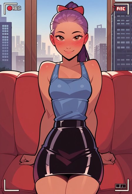 (modern office, corner office, big window, city background, black leather couch), (detailed background), (black couch:1.3), front view, 1girl, 18 year old American, long purple hair, ponytail, red bow, brown eyes, small breasts, submissive, tight sleeveless latex blue top, black latex skirt, high details, blushing, smile, closed mouth, solo focus, centered BREAK score_9, score_8_up, score_7_up, score_6_up, source_cartoon, front view, <lora:Casting_Call_XL-v1:0.7>, sitting on couch, Scenery, indoors, casting_couch:1.2, recording, media player interface, battery indicator