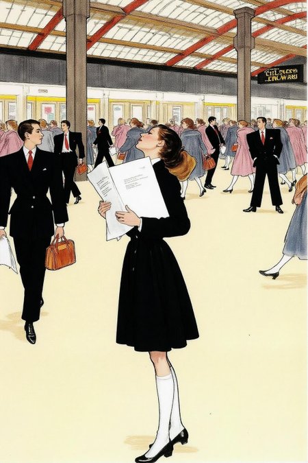 regr1 sketch Profile of a high school student in uniform, white socks and black shoes, standing in the middle of a train station, holding two acceptance letters--one for a local college and the other for an overseas university. The station is bustling with people moving in every direction, while she stands still, eyes closed, taking a deep breath as she tries to decide which future to follow. <lora:regr1_fashion_nocap_d6a3:1.0><lora:807329186210502532:0>