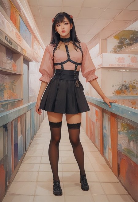 safe_pos, safe_pos, score_9, score_8_up, score_7_up, score_6_up,  masterpiece, Expressiveh, watercolor \(medium\), traditional media, source_anime, 1futanari, sexy girl, japanese, asian, asian face, femboy, pale milky white skin, black irises, young, petite, long hair, black hair, long black hair, straight hair, asian girl, tattoo, jirai kei, pink shirt, black skirt, thighhighs, black shoes, body harness over clothes, h4rn3ss, indoors, skylight, shopping mall