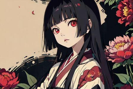 enma ai, hair down, hair black, bangs, eyes red, masterpiece, best quality, ultra-detailed, illustration, 1girl, solo, highres, photorealistic, ultra high res, (Original illustration composition), (fusion of limited color, Maximalism artstyle, kimono obi fashion, double exposure, background, illustration, Amazing, lily spider, night darkness, open one's mouth, flowers red, (polychromatic peony:1.15), Movie poster, ink Chinese