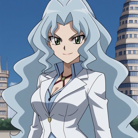 best quality, masterpeice, 1girl, solo, sophie, wavy hair, blue hair, blue blouse, white jacket, green eyes, breasts, smirk, Rome, Ibiza tower