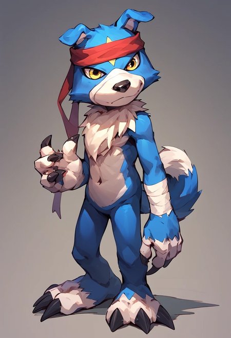 gaomon (character), digimon (creature), dog boy, blue body, (bare hands), headband, yellow eyes, anthro, score_9, score_8, score_7_up, score_6_up, solo, standing, full body, 4 fingers, (claws), bandages,