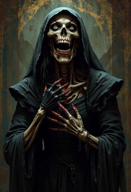 Terrifying Zombie corpse bride smiling madly in happiness, showing rotted teeth, Gothic style, scary.