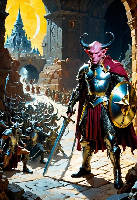 A hyperrealistic 8k photograph was captured by Sid Avery's Hasselblad camera, depicting close-up a handsome+ Tiefling shield bearer with pink+++ skin and slender build during a battle+++, surrounded by goblins++, He has a bald head, neon yellow eyes, calm++ and handsome+ and detailed face, cold smile++, mysterious and ominous aura of dark shadows enveloping the figure, Lovecraftian Horror-themed, in the artistic style of Boris Vallejo, Shadows casting an uncanny atmosphere, hints of eldritch dark energy crackling, He is dressed in a medieval armour, high details and era-appropriate, He is rising a magically radiating+ Backsword+ in the right hand, and he is holding a steel Pavise shield+++ in the left hand, Backdrop (background) of a focused scene of a battle with goblins next to a white-marble palace, Mysterious composition, imbued with a dark, ambient 3d warm studio backlight.